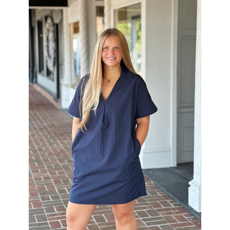Short Sleeve V-Neck Dress in Navy