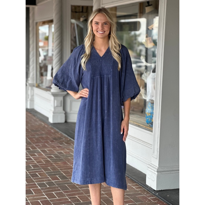 Smocked Mineral Wash Midi Dress in Navy