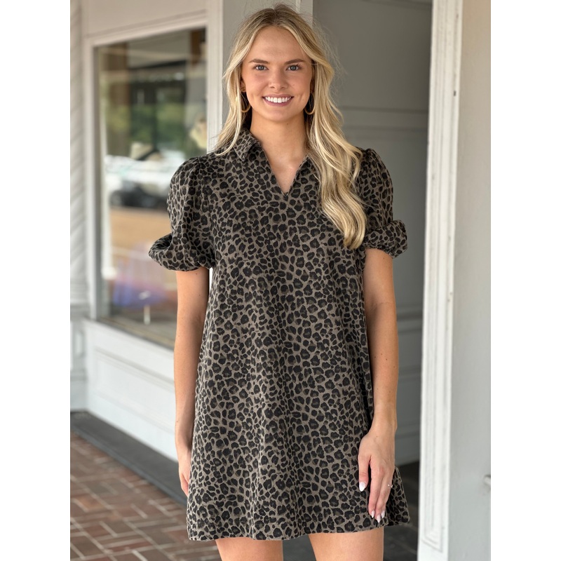 Stone Wash Leopard Mini Dress in Charcoal