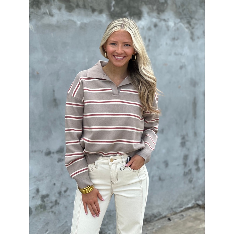 Stripe Polo Collared Sweater in Mocha