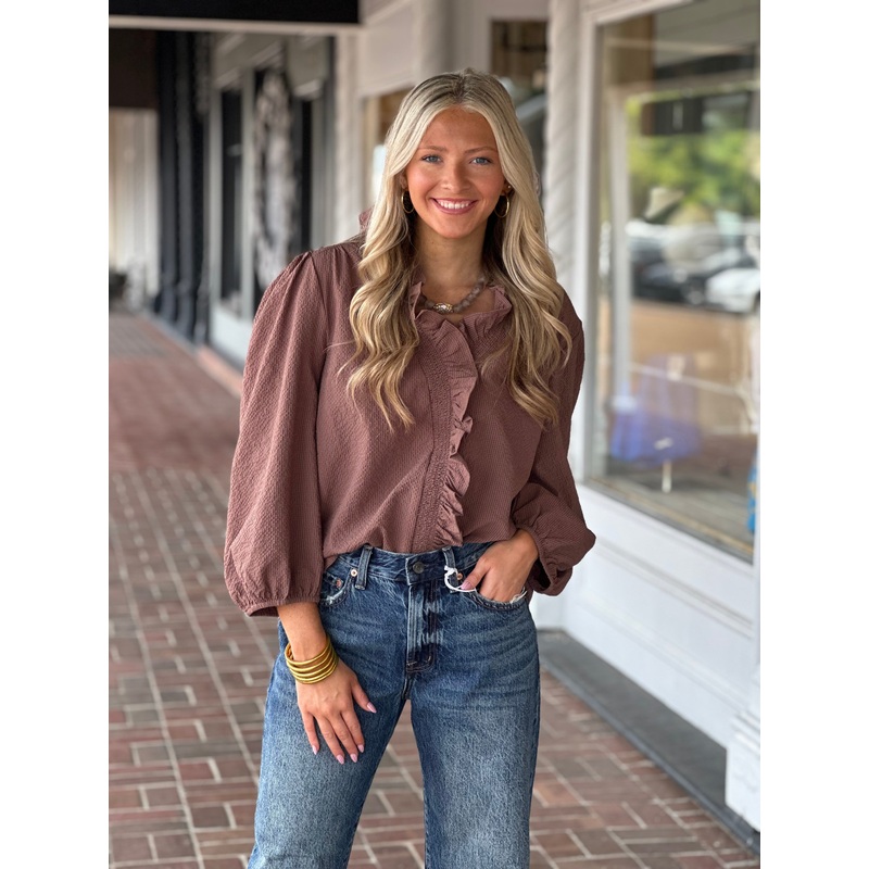 Textured Ruffle Trim Blouse in Brown