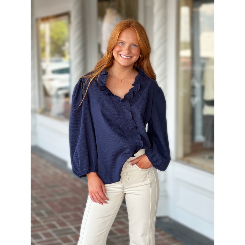 Textured Ruffle Trim Blouse in Midnight