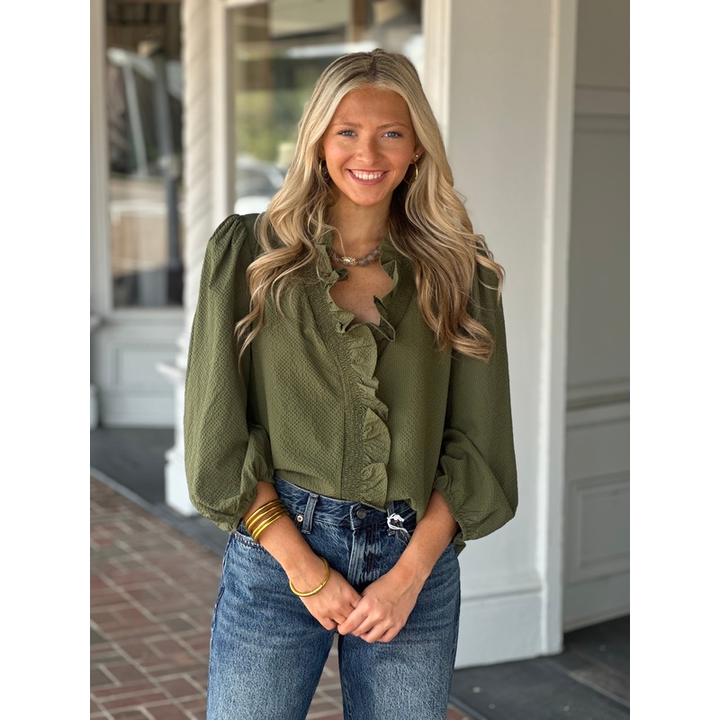Textured Ruffle Trim Blouse in Olive