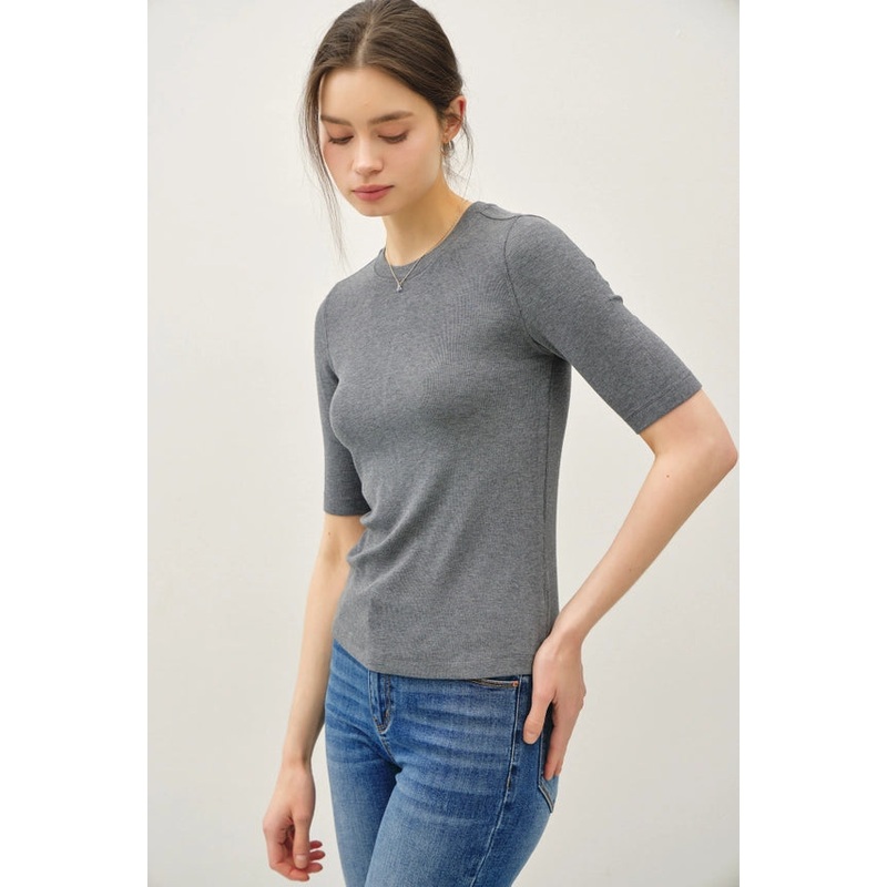 Ultra Soft Classic Ribbed Basic Top in Heather Grey