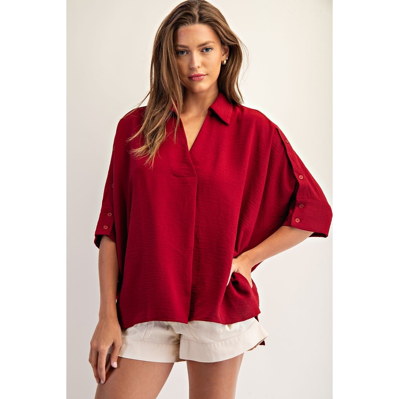 Blissful Button Sleeve Top in Wine