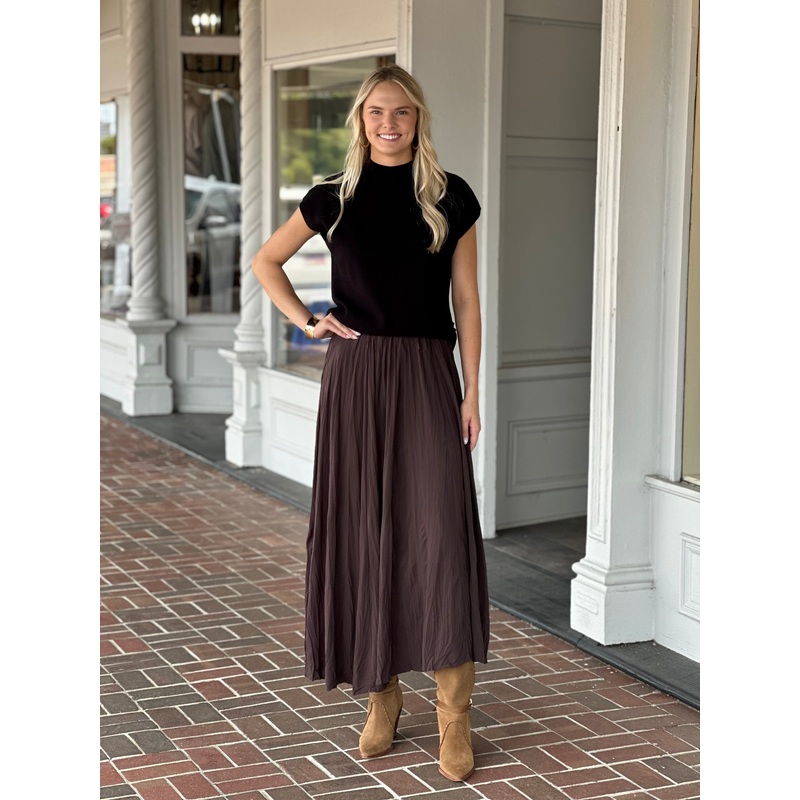 Brown Elastic Waist Pleated Midi Skirt