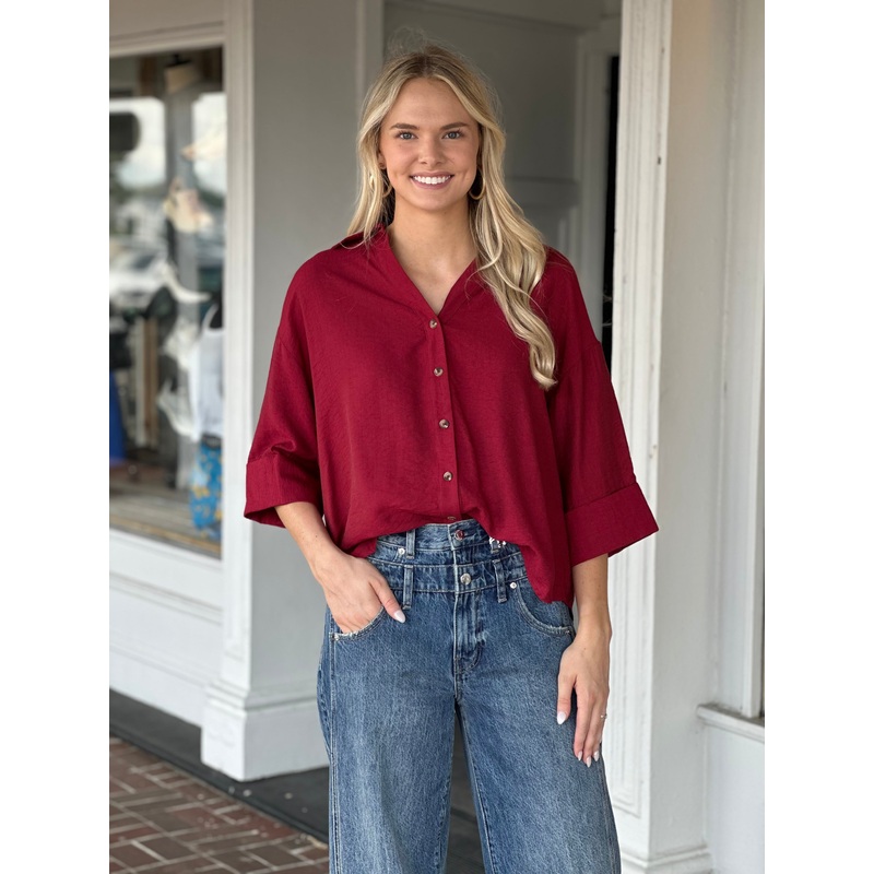 Button Front Closure Top in Garnet