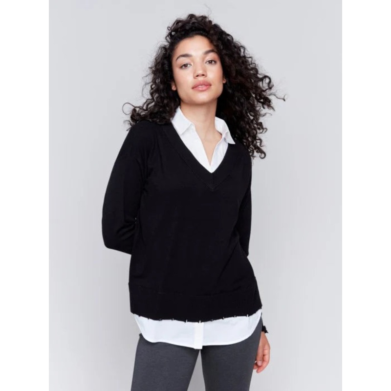 Charlie B V-Neck Fooler Yarn Sweater in Black