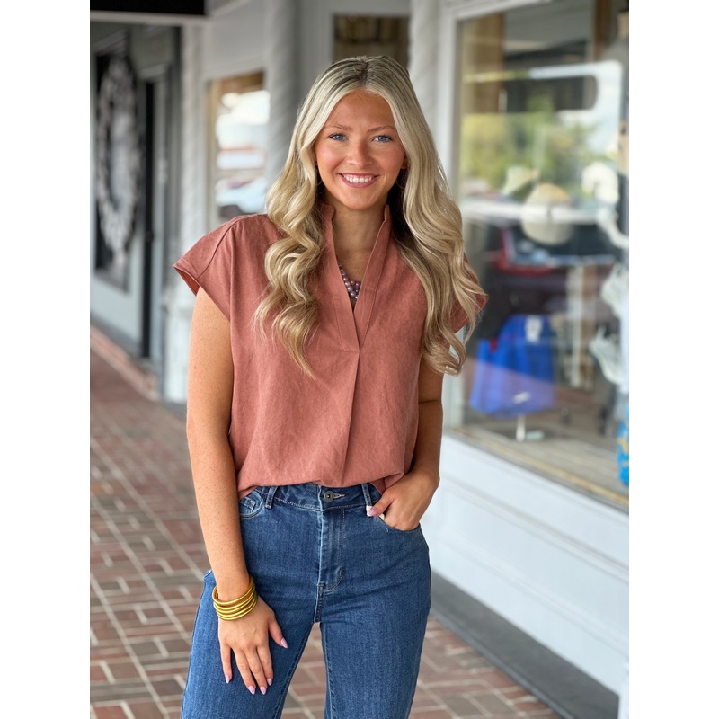 Faux Suede Pullover Top in Rust