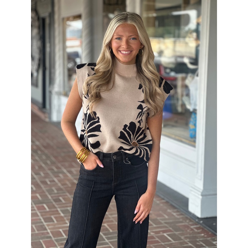 Floral Printed Ecru Pullover Sweater