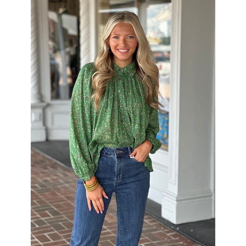 Garden Floral Button Down Top in Green