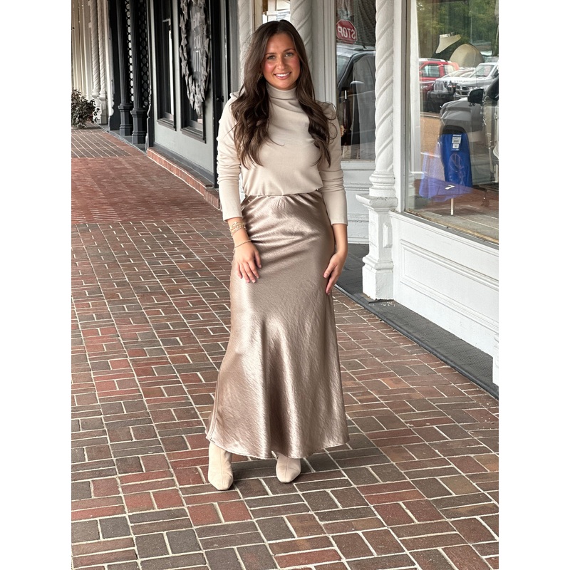 Gold Satin Semi Flare Long Skirt