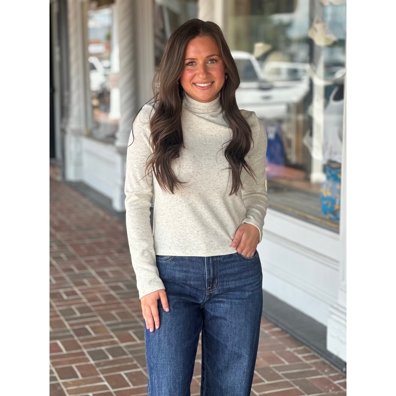Heather Oatmeal Fitted Long Sleeve Mock Neck Top