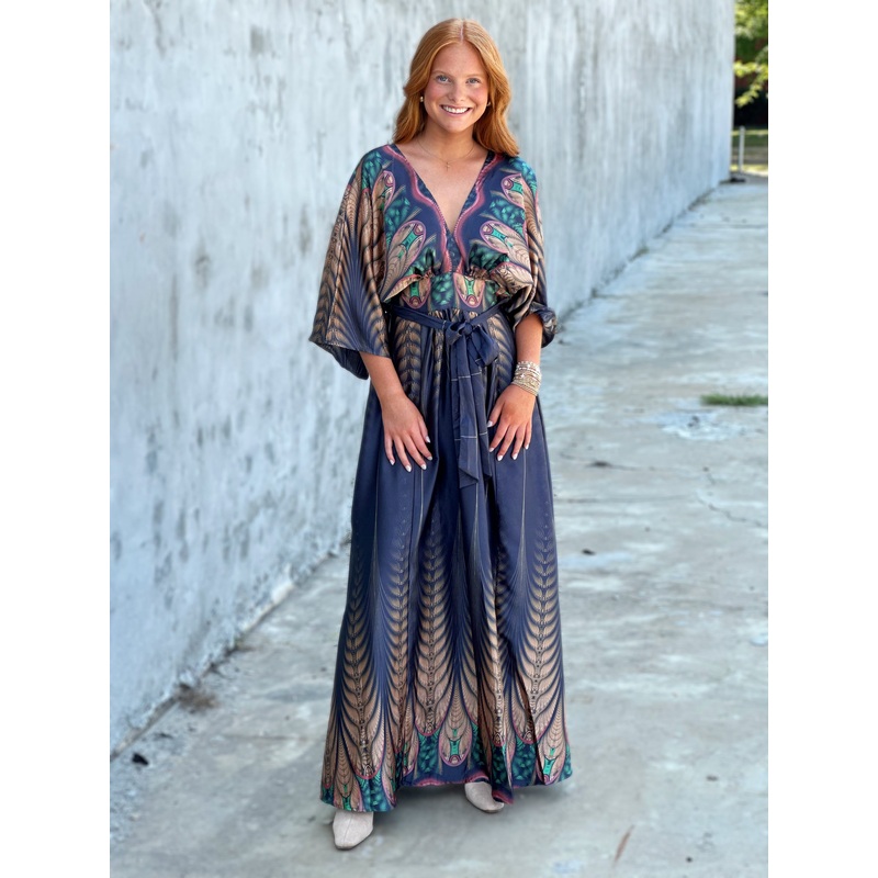 Midnight Dance Navy Printed Kimono Maxi Dress
