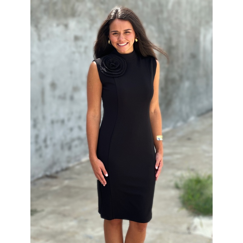 Perre Floral Mock Neck Black Sheath Dress