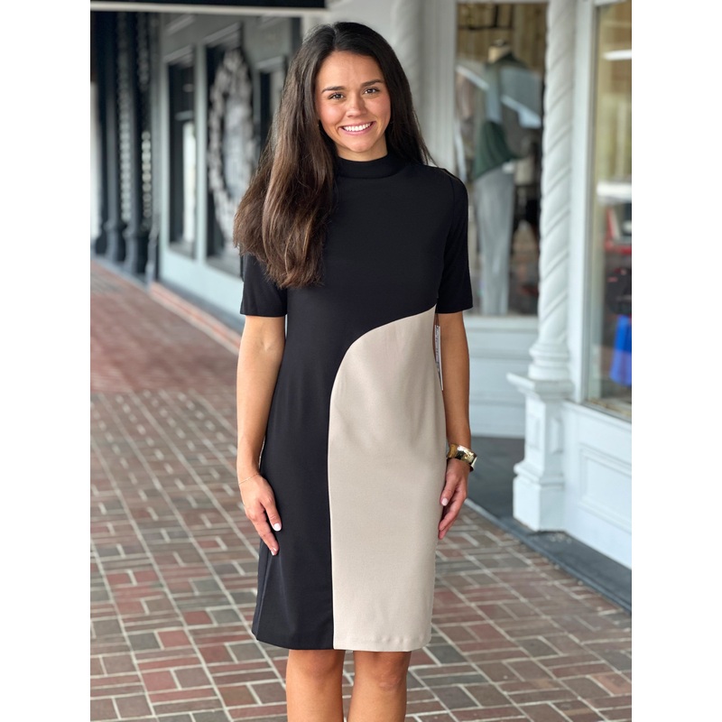 Perre Mock Neck Khaki Color-block Black Sheath Dress