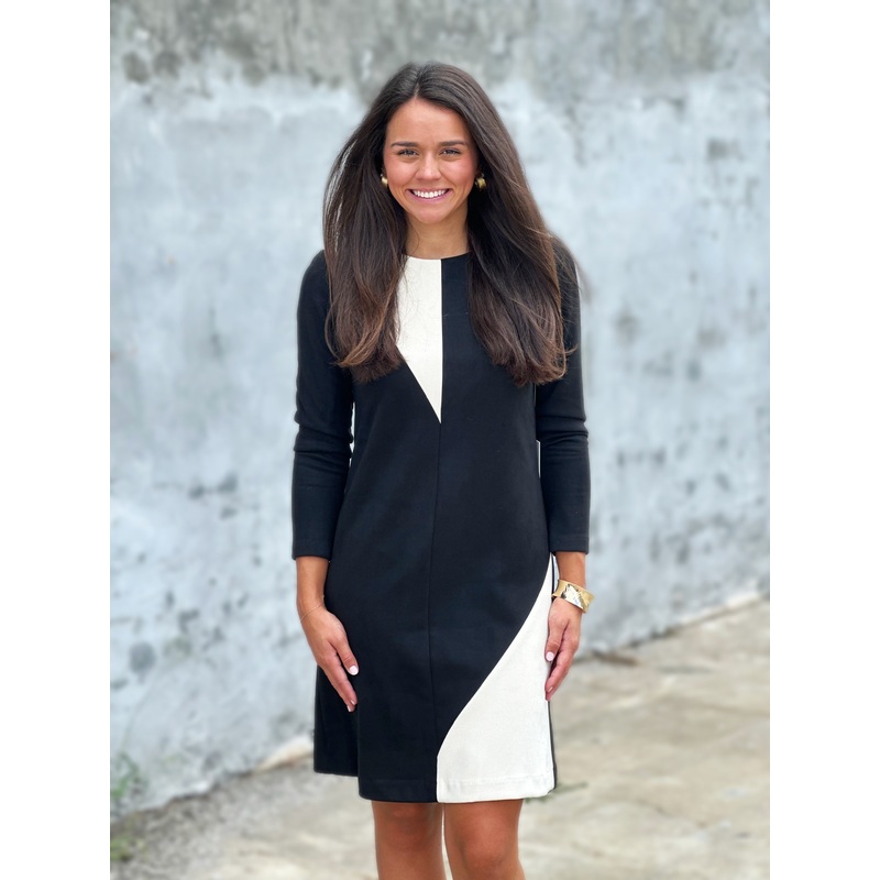 Perre Scoop Neck Stone Color-block Black Long Sleeve Dress