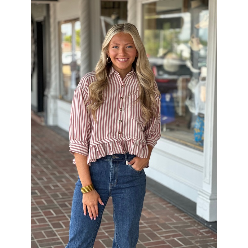 Ruffle Hem Button Up Top in Wine