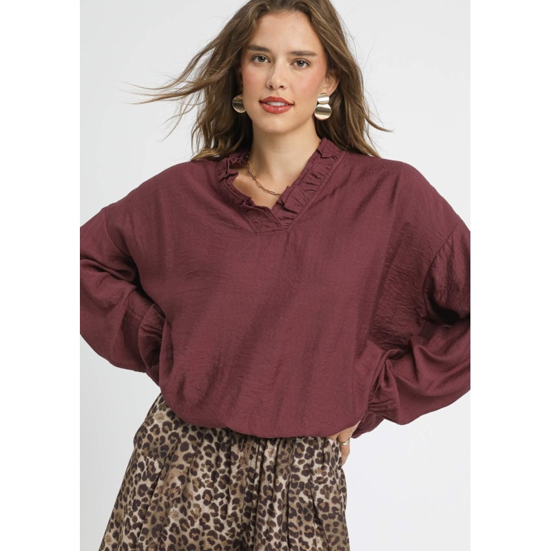 Ruffle Neck Blouse in Merlot|S|M|L