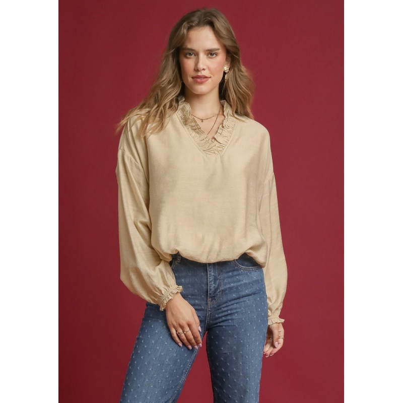 Ruffle Neck Blouse in Oatmeal|S|M|L