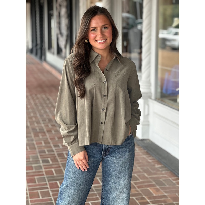 Sage Pleated Button Down Long Sleeve Top