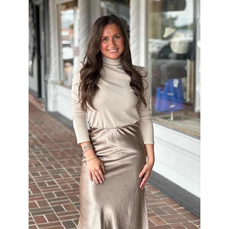 Sand Fitted Long Sleeve Mock Neck Top