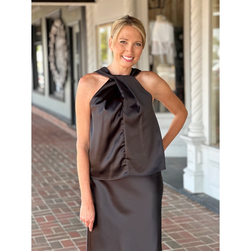 Satin Front Crossover Black Halter Top