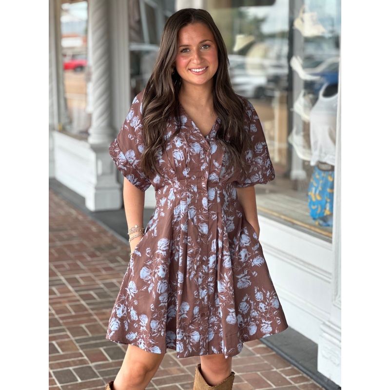 Shade It Blue Floral Printed Brown Mini Dress