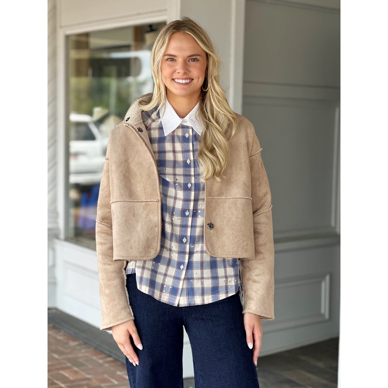 Sherpa Lined Box Cut Button Up Coat in Taupe
