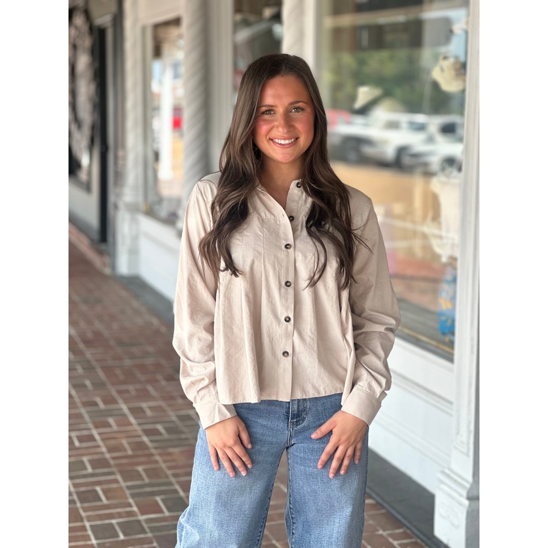 Taupe Pleated Button Down Long Sleeve Top