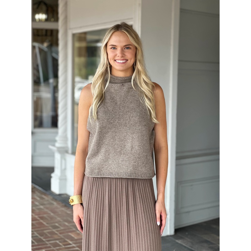 Taupe Sleeveless High Collared Sweater