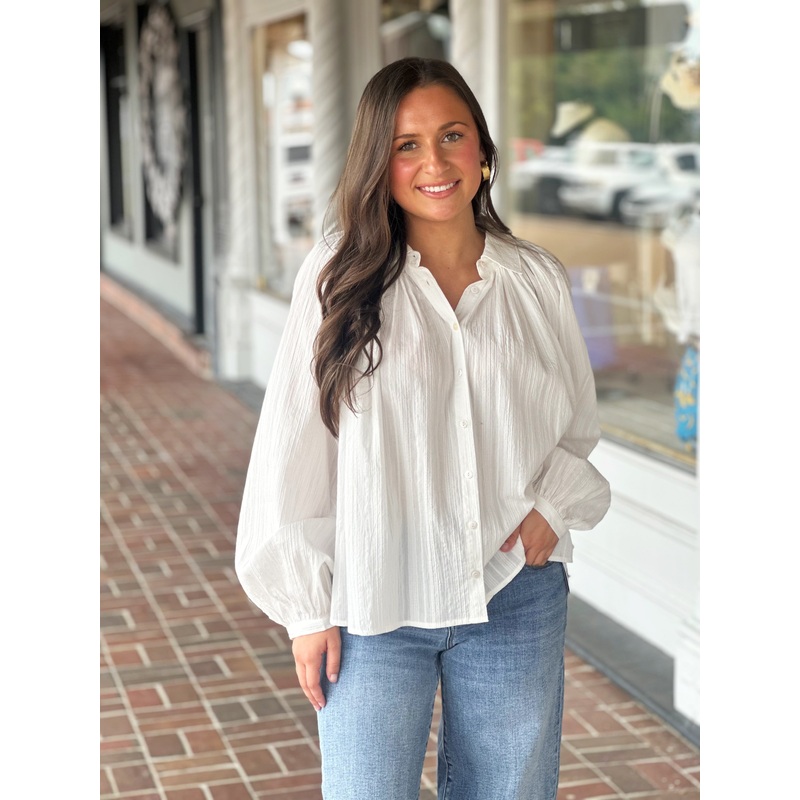 Textured Button Down Collared Top in Off White