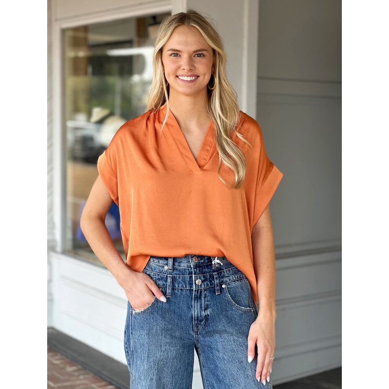 Washed Satin Pullover Top in Rust