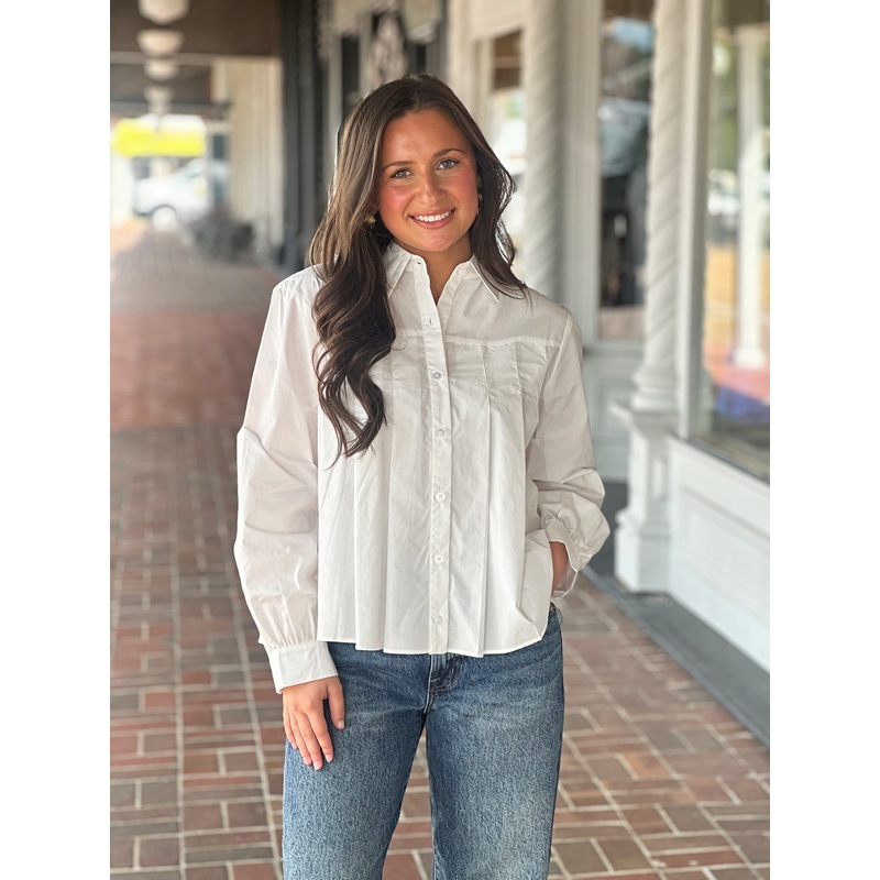 White Pleated Poplin Button Down Top