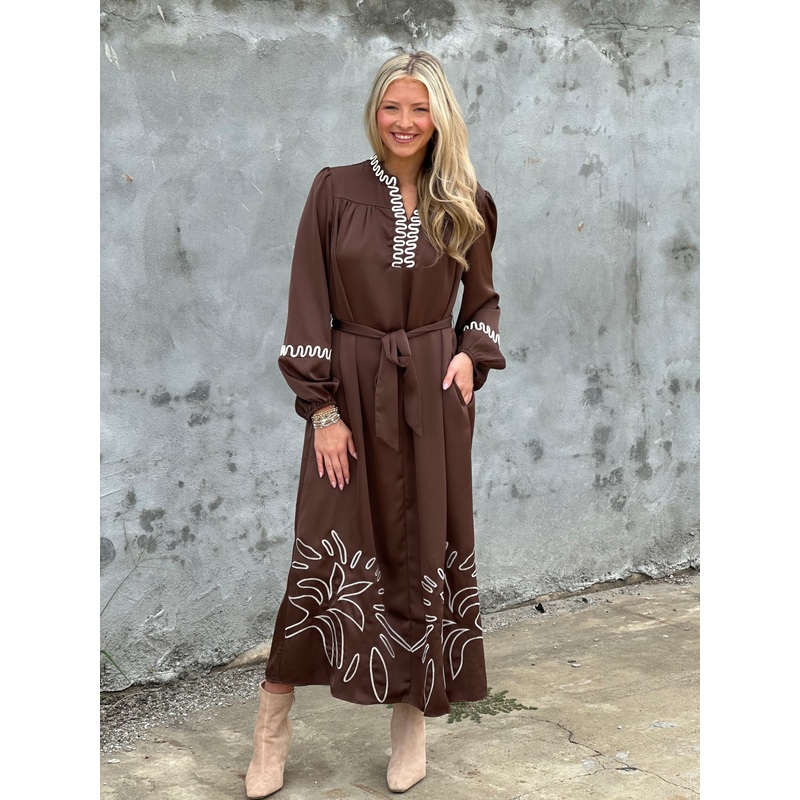 Brown Long Sleeve Embroidered Maxi Dress