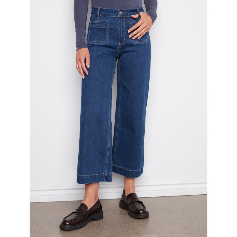 Charlie B Cropped Patch Pocket Jeans in Medium Blue