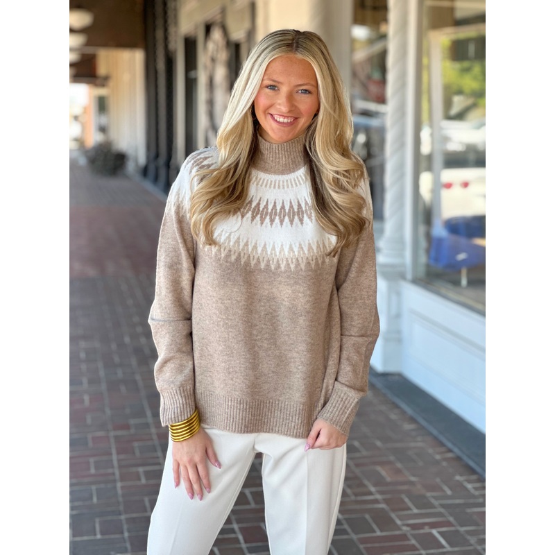 Charlie B Jacquard Mock Neck Beige Sweater