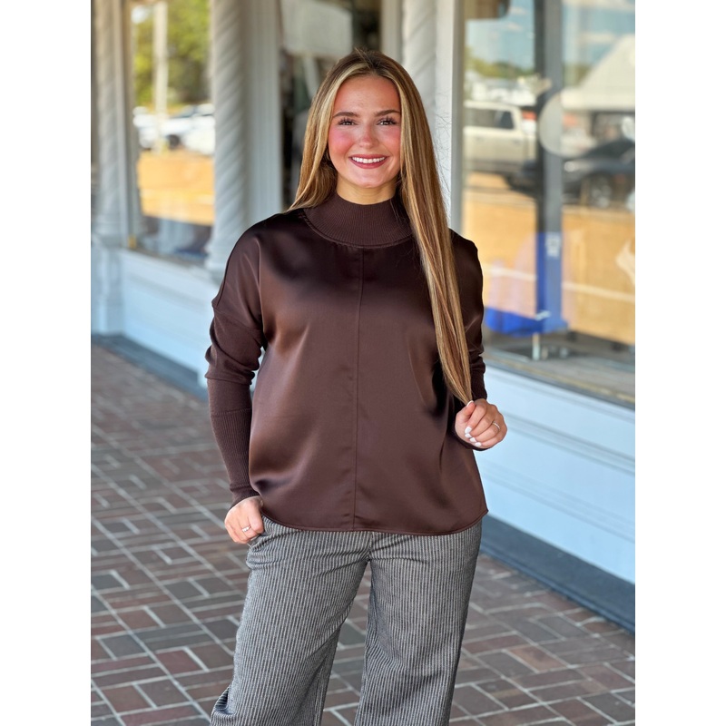 Charlie B Mock-Neck Satin Knit Sweater in Mocha