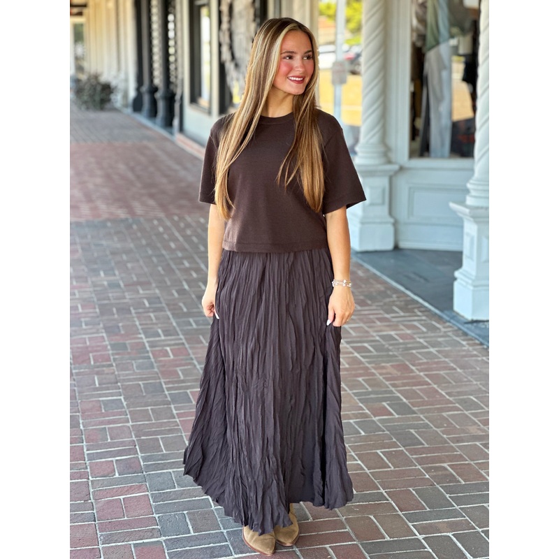 Dark Brown Elegant Crinkled Maxi Skirt