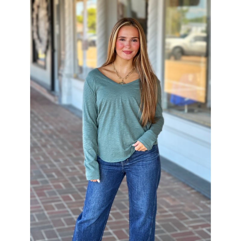 Dylan Deep V Long Sleeve Emerald Tee