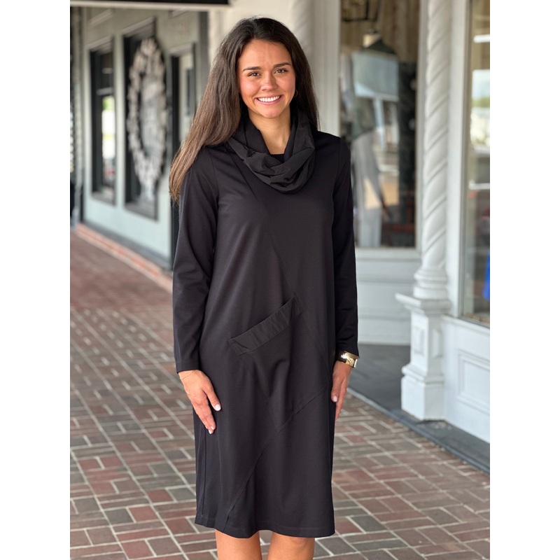 Perre Classic Pullover Cowl Neck Black Pocket Dress