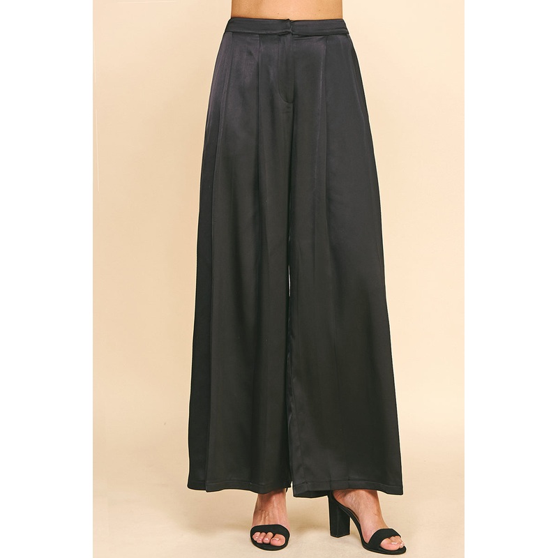Black Satin Pleated Wide Leg Pants