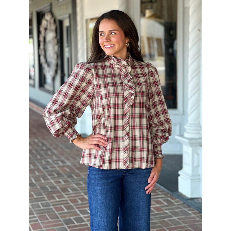 From The Start Plaid Taupe Top