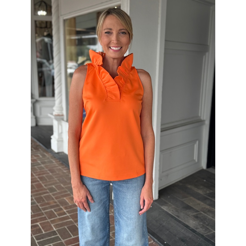 Gretchen Scott Jersey Sleeveless Ruffneck Top in Orange