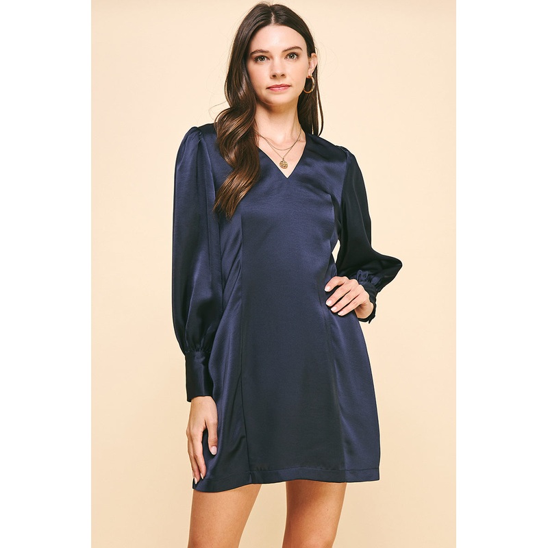 Ink Satin V Neck Mini Dress|S|M|L