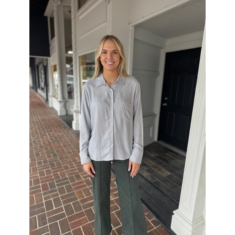 Kenna Stripe Button Down Shirt in Olive White