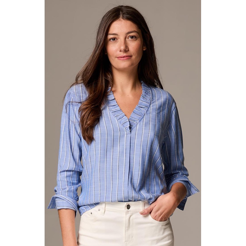 Nic + Zoe Striped Ruffled Top in Blue