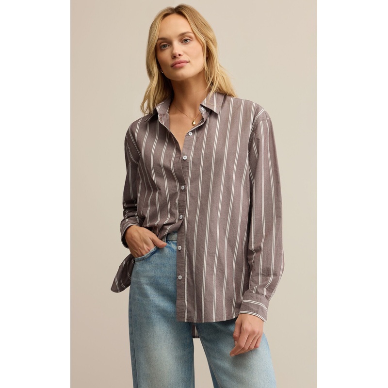 Z Supply Seaport Striped Poplin Shirt in Sandalwood