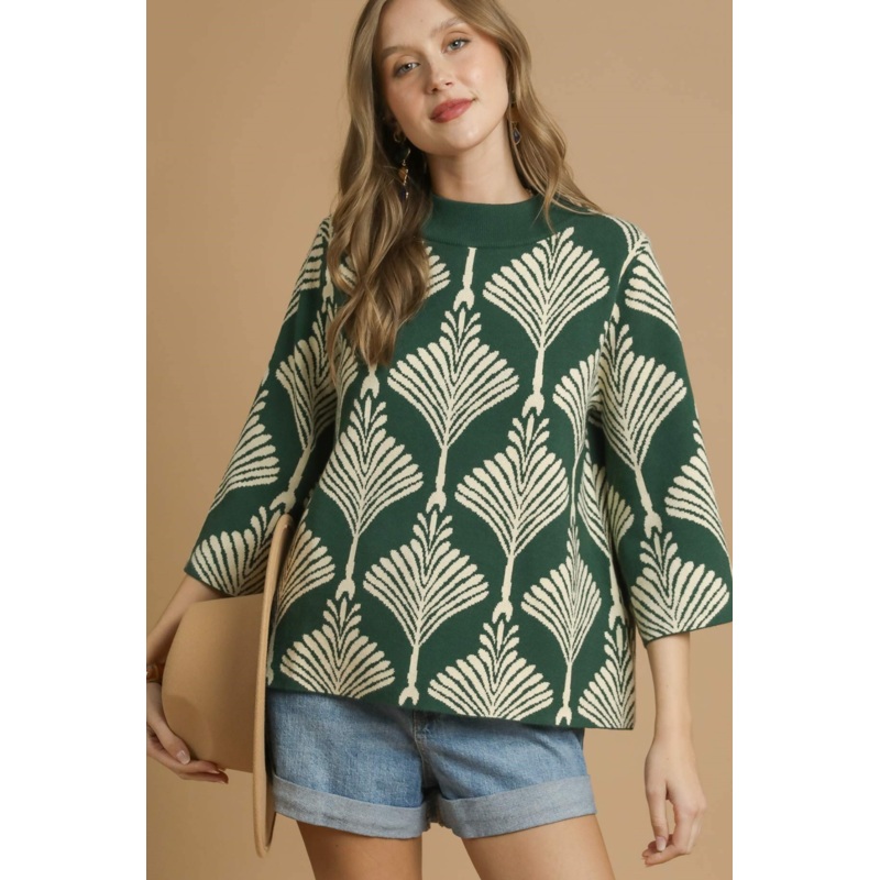 Abstract Printed Pullover Sweater in Forest Green