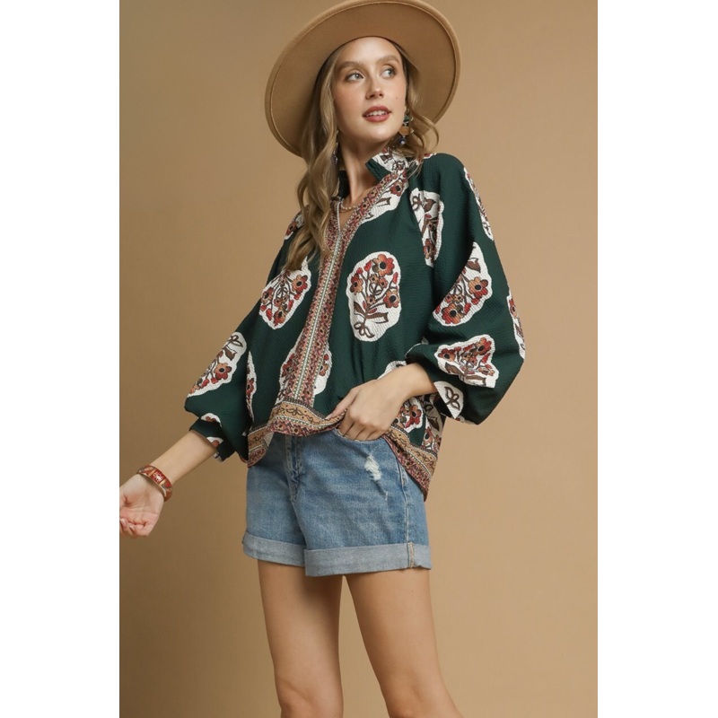 Boho Floral Neck Printed Forest Green Top